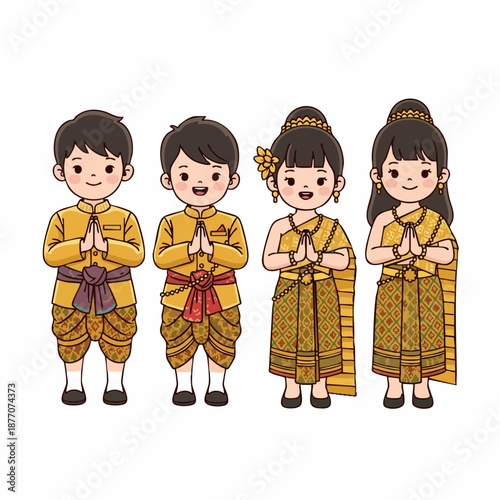 Cute Cartoon Cambodian Children in Traditional Costume Smiling and Welcoming People