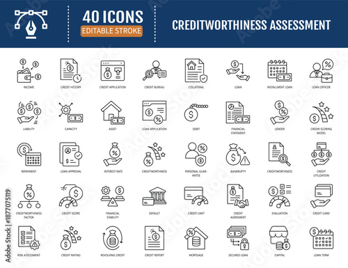 Creditworthiness assessment icon set. Includes
credit, score, financial statement, income, debt,
asset, liability and more. Vector illustration with
editable strokes