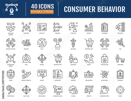 Consumer behavior icon set. Includes attitude,
analytics, diagram, money, analysis, ratings,
customer and more. Vector illustration with
editable strokes