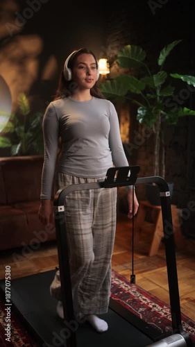 Young woman walking on treadmill at home, listening to music with headphones. Indoor cardio workout, healthy lifestyle, fitness routine, wellness and active leisure concept. Vertical video