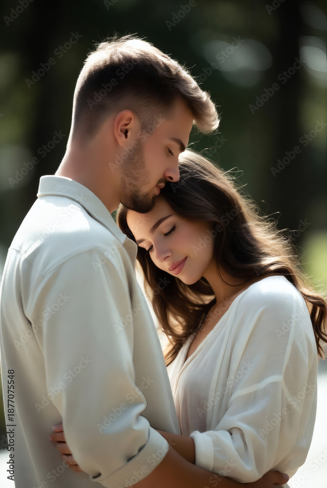 Fototapeta premium Couple embracing and sharing a tender moment in nature 