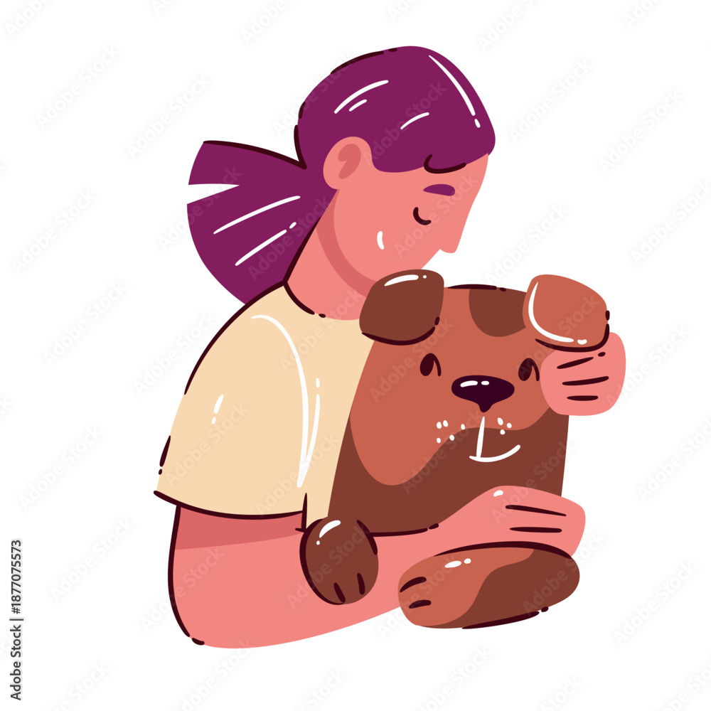 Fototapeta premium Teen girl hugging pet dog. Young female with puppy, care, trust, emotional connection, calm home moment, friendship between child and animal. Cartoon vector illustration.