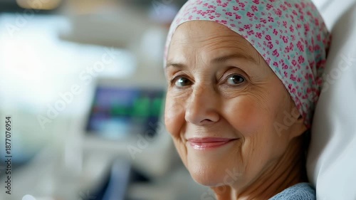 Elderly cancer patient smiling in a hospital bed