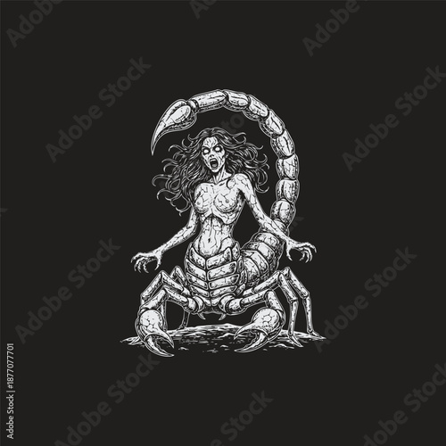 Surreal vintage engraving of a monstrous hybrid featuring a screaming woman's torso merged with a giant scorpion body and stinger isolated on a black background