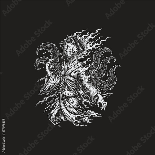 Surreal vintage engraving of a Japanese Kitsune fox spirit in a kimono with nine flaming tails and a demonic fox mask isolated on a black background