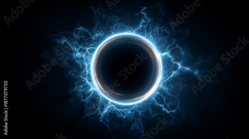Abstract electric blue glowing ring with lightning on black background