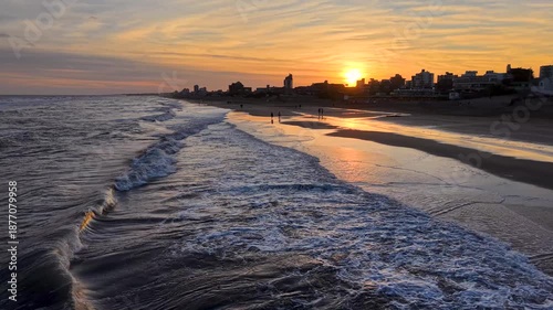 Aerial sunset view of Villa Gesell beach and coastline, Buenos Aires province, Argentina.