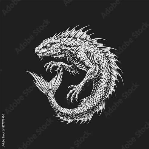 Surreal vintage engraving of a serpentine sea monster or aquatic dragon with sharp dorsal fins, skeletal claws, and a fanged reptilian head, curled in a circular dynamic pose, isolated on a black back