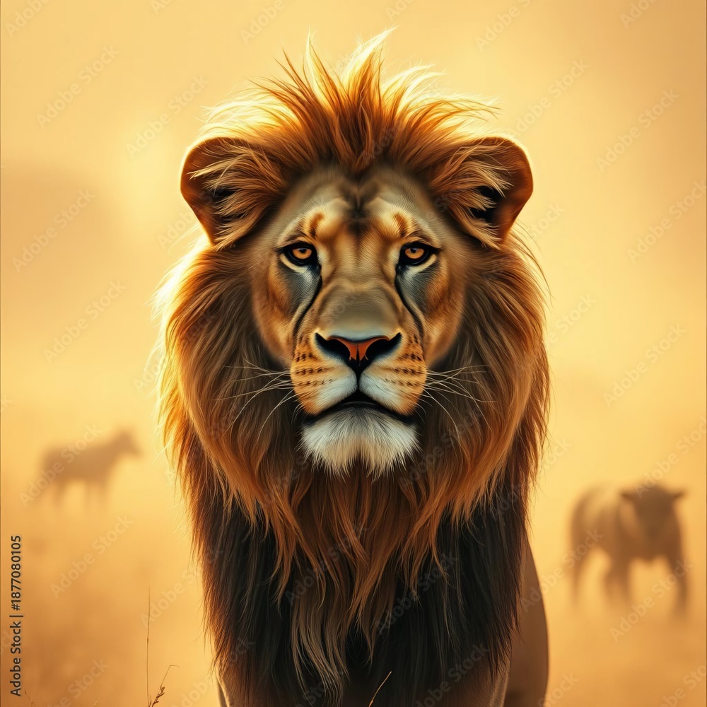 Naklejka premium Lion king's regal gaze, sepia savanna dreamscape, dusty haze, regal, savanna