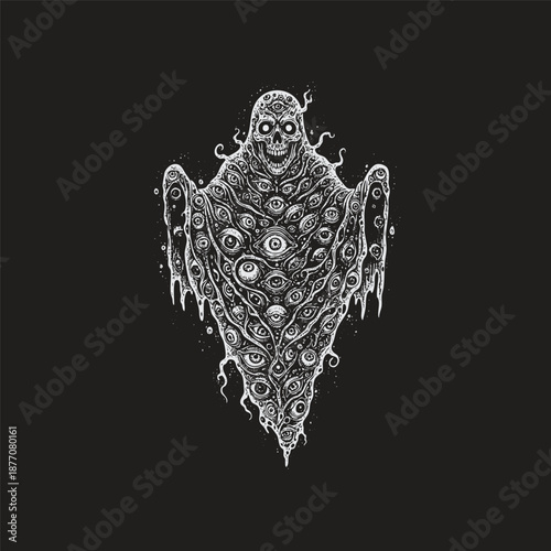 Surreal vintage engraving of a spectral ghost with a skeletal face, its entire flowing shroud covered in dozens of realistic, unblinking human eyeballs, isolated on a black background.