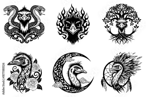 Emu Head Tribal Set of Six with Snake, Fire, Tree, Rose, Moon and Dreamcatcher Elements