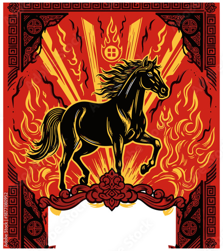 Dynamic horse illustration with fiery background in traditional art style