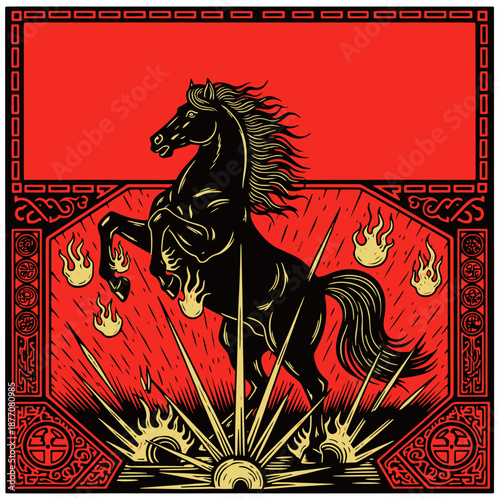 Dynamic black horse illustration with fiery background and ornate border