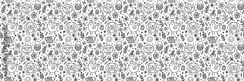 Seamless bunny pattern with Easter eggs and spring flowers. Cute vector design perfect for childrens textiles, wallpaper, or festive bunny decorations.