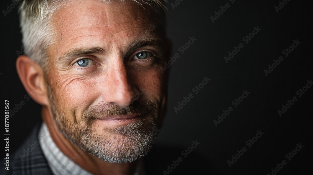 Obraz premium Close-up portrait of confident mature man with blue eyes and grey hair against dark background