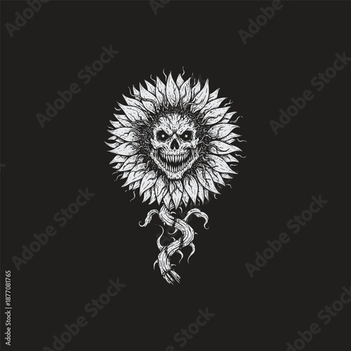 Surreal vintage engraving of a blooming sunflower where the central disk is replaced by a grinning human skull with sharp teeth and glowing eyes, featuring a twisted, thorny stem, isolated on a black 