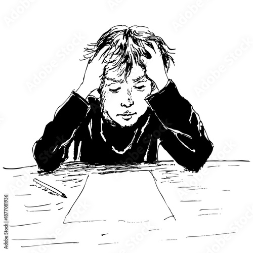 Ilustración vectorial editable niño agarrándose la cabeza, estudiando, retro, realista.