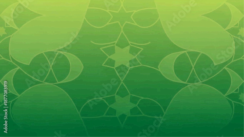 Green gradient background with intricate floral pattern and geometric shapes.