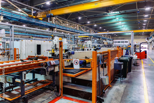 Metalworking factory production line. Production of metal profile parts