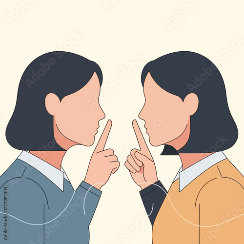 Two women sharing a secret, shushing gesture, quiet communication, gossip concept