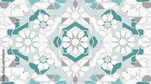 Intricate floral pattern with teal and white flowers.