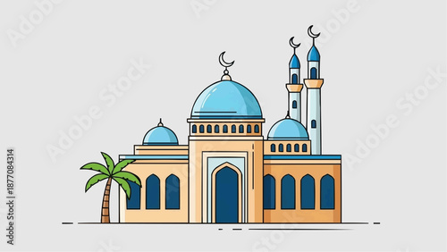 Islamic mosque with domes and minarets illustration.