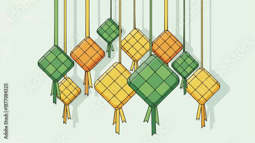 Colorful lanterns hanging in a decorative arrangement.