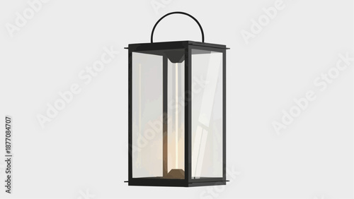 Black metal lantern with glass panels and handle on white background.