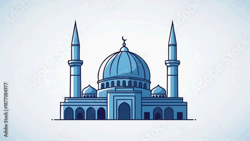 Simple blue mosque illustration with minarets and dome.