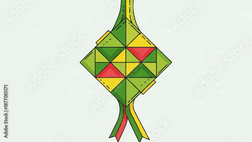 Vibrant illustration of a traditional Southeast Asian ketupat, a diamond-shaped rice dumpling woven from palm leaves, featuring green, yellow, and red patterns.