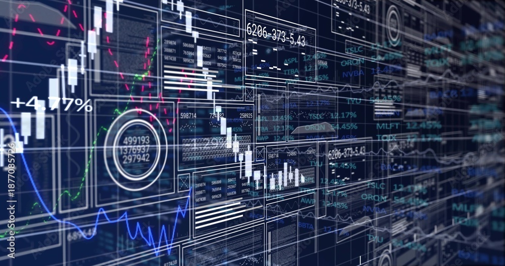 Obraz premium Displaying digital trading dashboard at virtual desk, showing candlestick charts and tickers