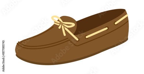 Brown boat loafer shoe women flat. Lace detail casual deck footwear for autumn outfit warm everyday wardrobe. Technical fashion illustration CAD mockup smooth vector man unisex isolated trendy style.