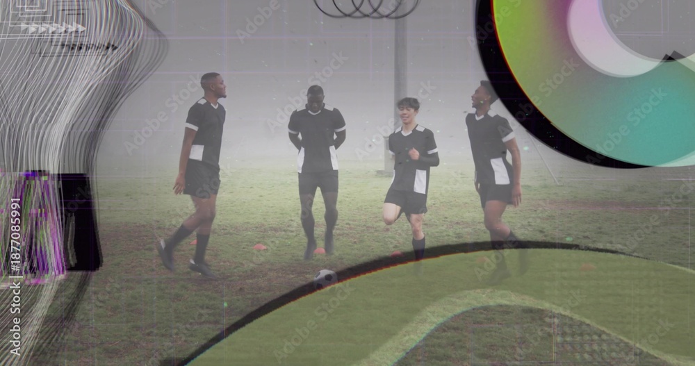 Naklejka premium Standing, walking, juggling four players in black-white kits on foggy field, ball, cones, overlays