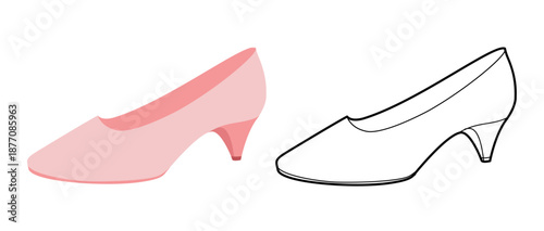 Pink kitten heel pump shoe women flat plus line set. Closed toe dress shoe, travel, comfortable work look. Technical fashion illustration, CAD mockup, mixed vector men unisex isolated stylish style.