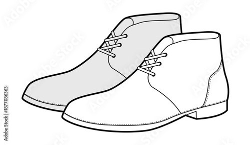 Chukka boot women sketch pair. Lace up ankle boot for casual city outfit and weekend wear. Technical fashion illustration CAD mockup vector man unisex isolated classic style.