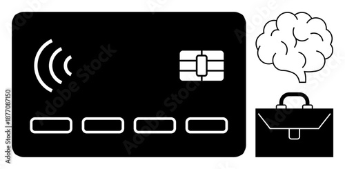 Digital payment systems, artificial intelligence, business innovation, financial technology, data security, cognitive solutions. Black payment card icon, mind and briefcase symbols. Digital payment