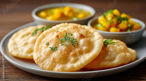 Festive indian cuisine close-up of warm fried poori with traditional side dishes