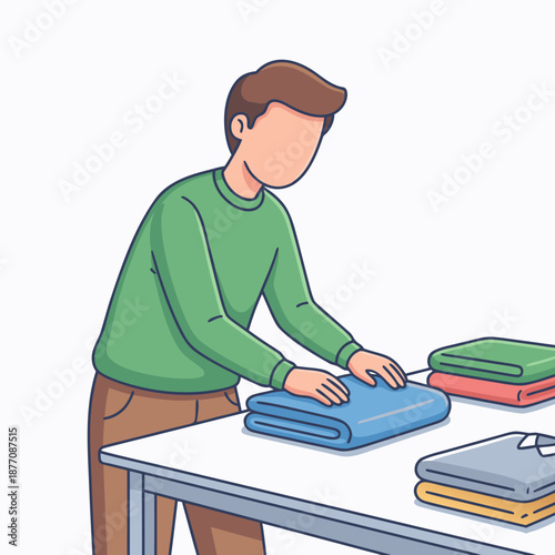 Man folding laundry on a table organizing clothes neatly.