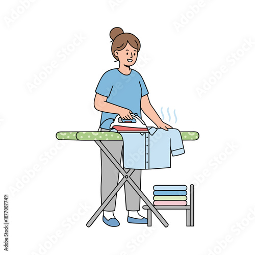 Woman ironing clothes on an ironing board.