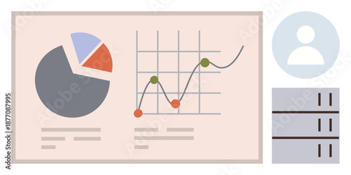 Data visualization, analytics, business intelligence, technology, performance tracking, user data. A pie chart, line graph with data points user icon and server illustration. Data visualization