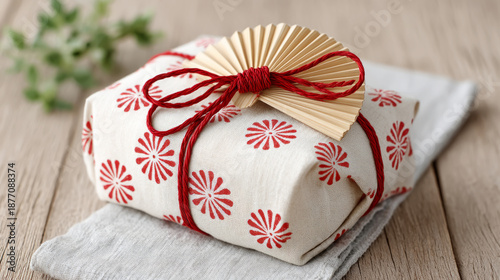 Elegant gift box wrapped in furoshiki with decorative fan and red accents