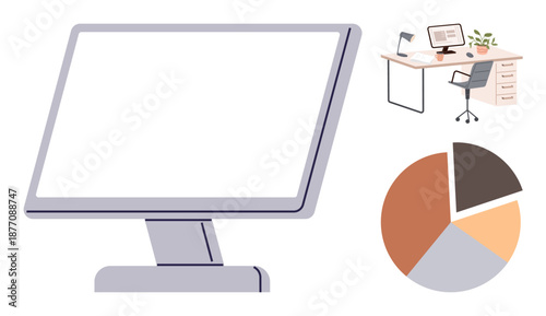 Business, workplace setup, office productivity, digital tools, graphic design, data visualization. A computer monitor, an organized office desk and a pie chart. Business and workplace setup concepts