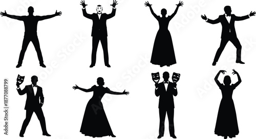 Theater actor silhouettes, dramatic poses, stage performance, opera and drama, raised arms, costume figures, classic show, black shadow, artistic, entertainment, vector, set