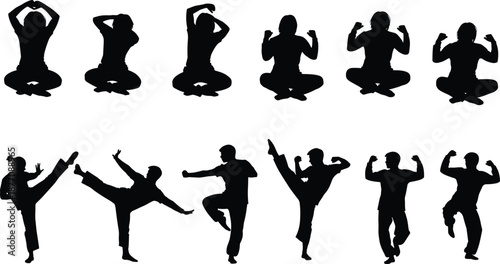Martial arts silhouettes set, black vector illustration of yoga poses, karate kicks, fitness training, fighting stances for sport, health, design, branding