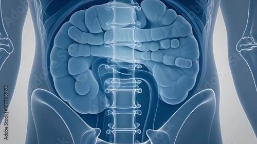 Human Abdominal Organs X Ray Visualization. Detailed 3D medical visualization of abdominal organs including intestines and spine in transparent x ray style.