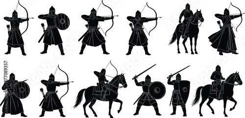 Medieval warrior silhouettes set, black vector illustration of archers, knights, soldiers, and horsemen in battle poses for history, war, design