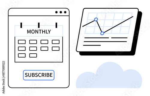 Calendar with subscription button and data analytics chart showing growth. Ideal for business, productivity, subscriptions, performance, planning, marketing, data analysis. Clean simple flat metaphor