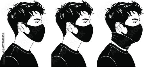 Face mask profile set, young man portraits, black vector silhouettes for health, fashion, pandemic safety, medical, lifestyle, and graphic design use