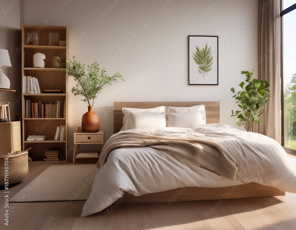 Fototapeta premium a bedroom with a bed a vase a bookcase and a window the bed is made and has a white comforter