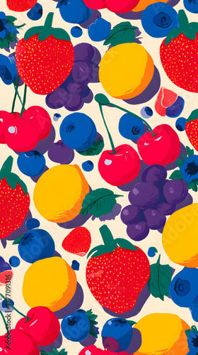 Colorful pattern of fruits including strawberries, cherries, and blueberries on a light background